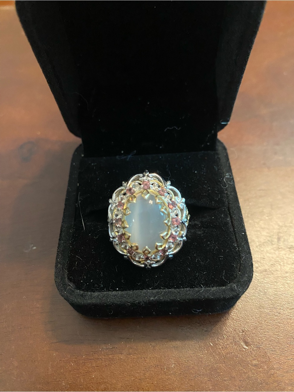 Gems En Vogue Moonstone Ring with Pink Tourmaline halo- Sterling and gold